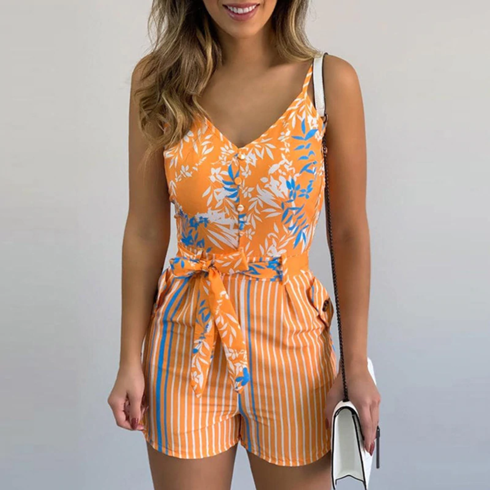 Print Slim V-Neck Sleeveless Romper - Necessary Clothing Store