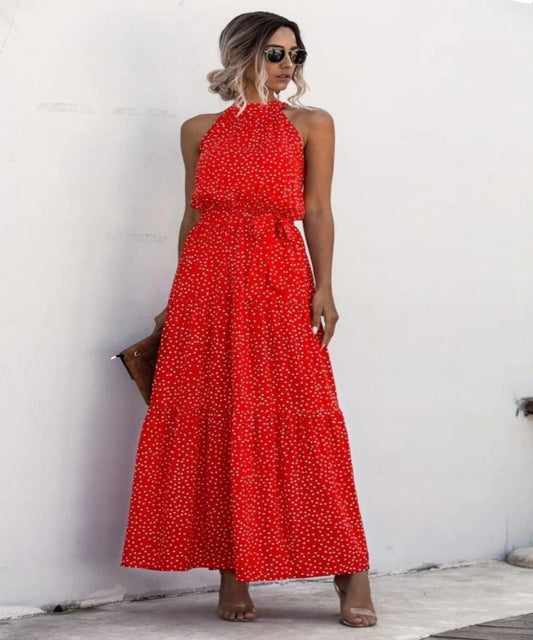 Elegant Long Dress Flowers Polka-Dot Strap - Necessary Clothing Store