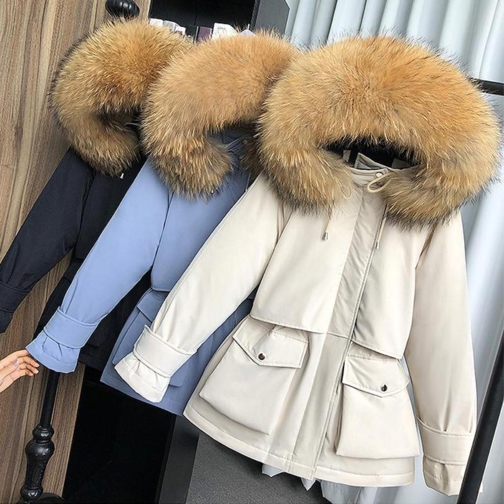 Natural Raccoon Fox Fur Hooded Down Coat Thick Warm Outerwear - Necessary Clothing Store