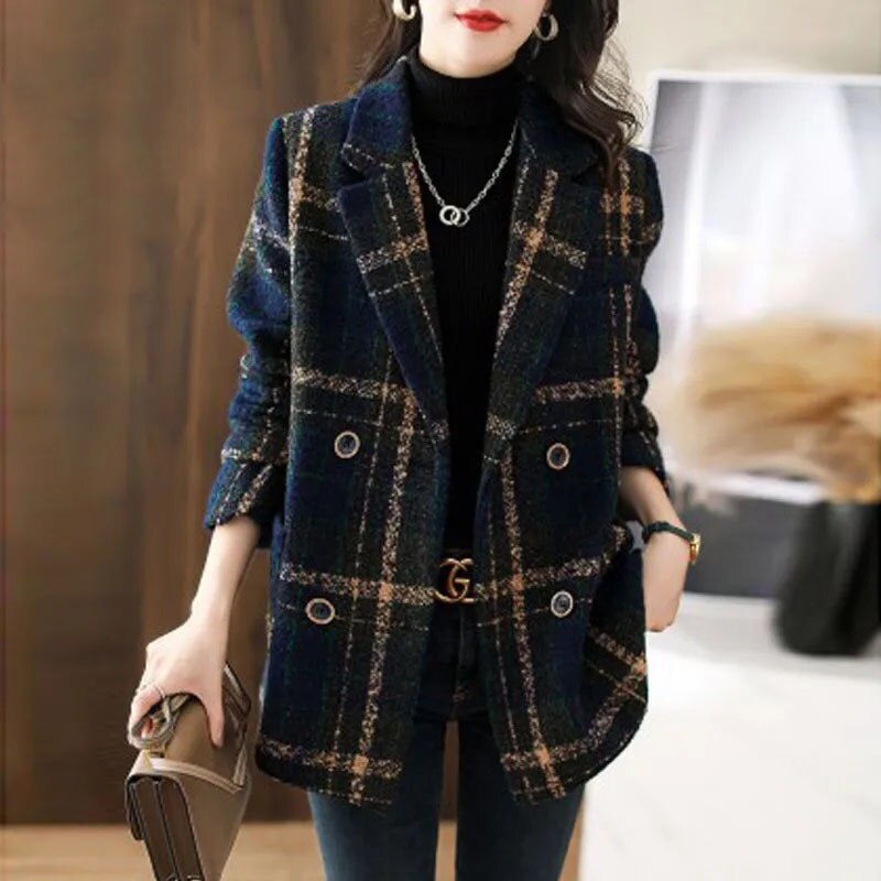 Fashion Plaid Casual Slim Double Breasted Woolen Coat - Necessary Clothing Store