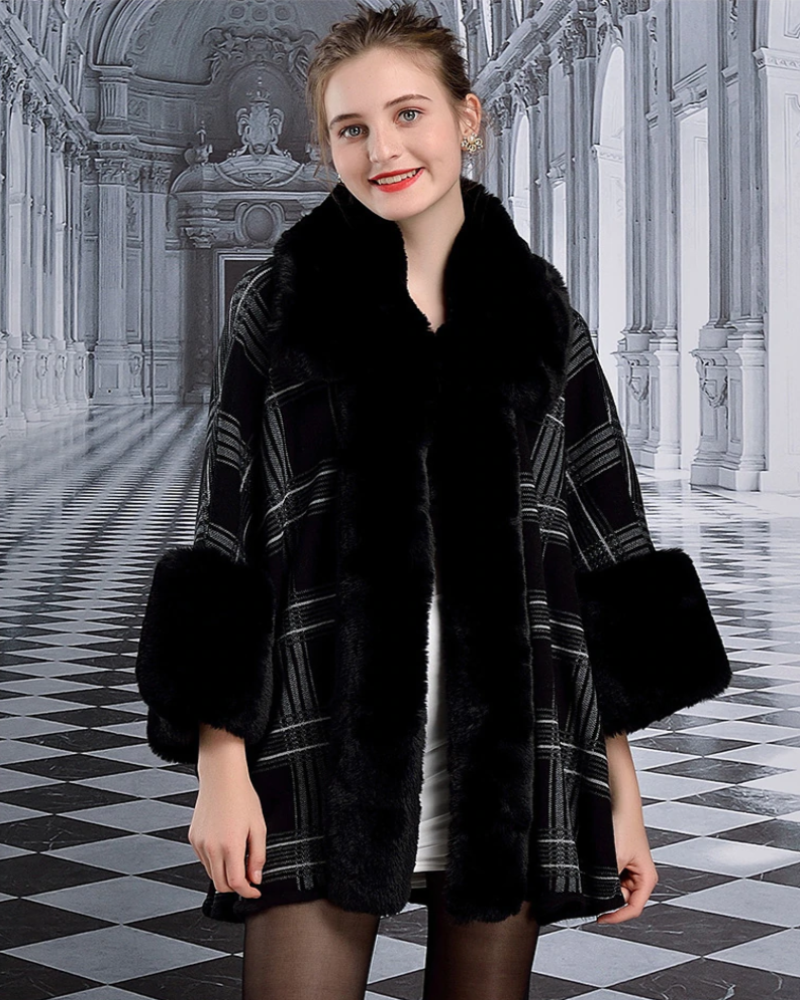 Cape Plaid Poncho Faux Rabbit Fur Big Fur Collar Shawl Thick Warm Knit Cardigan Cloak Coat - Necessary Clothing Store