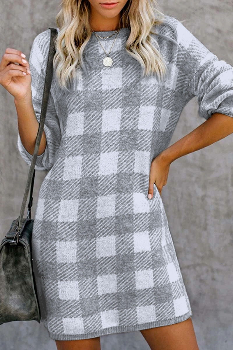 Checker Plaid Slim Knitwear Sweater Dress - Necessary Clothing Store