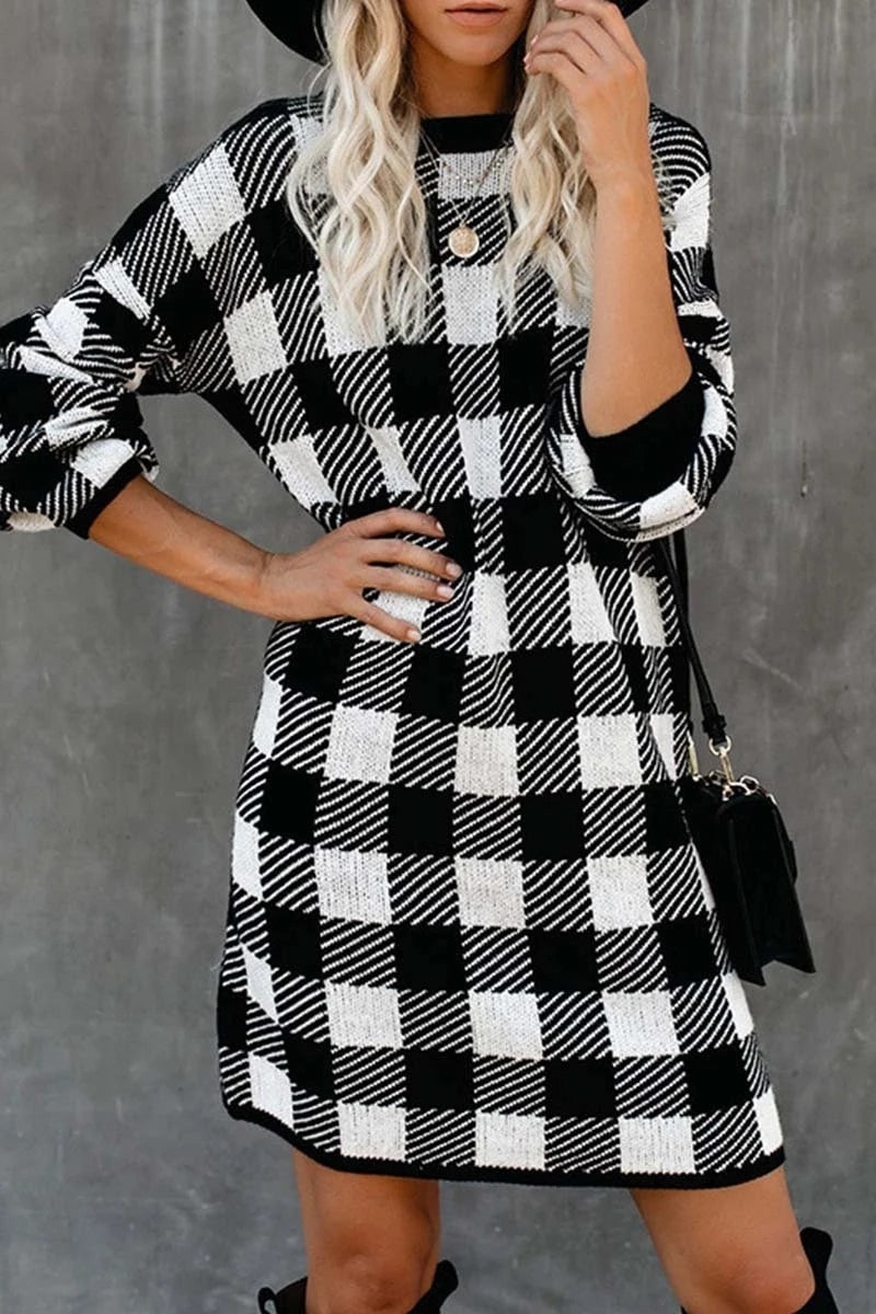 Checker Plaid Slim Knitwear Sweater Dress - Necessary Clothing Store