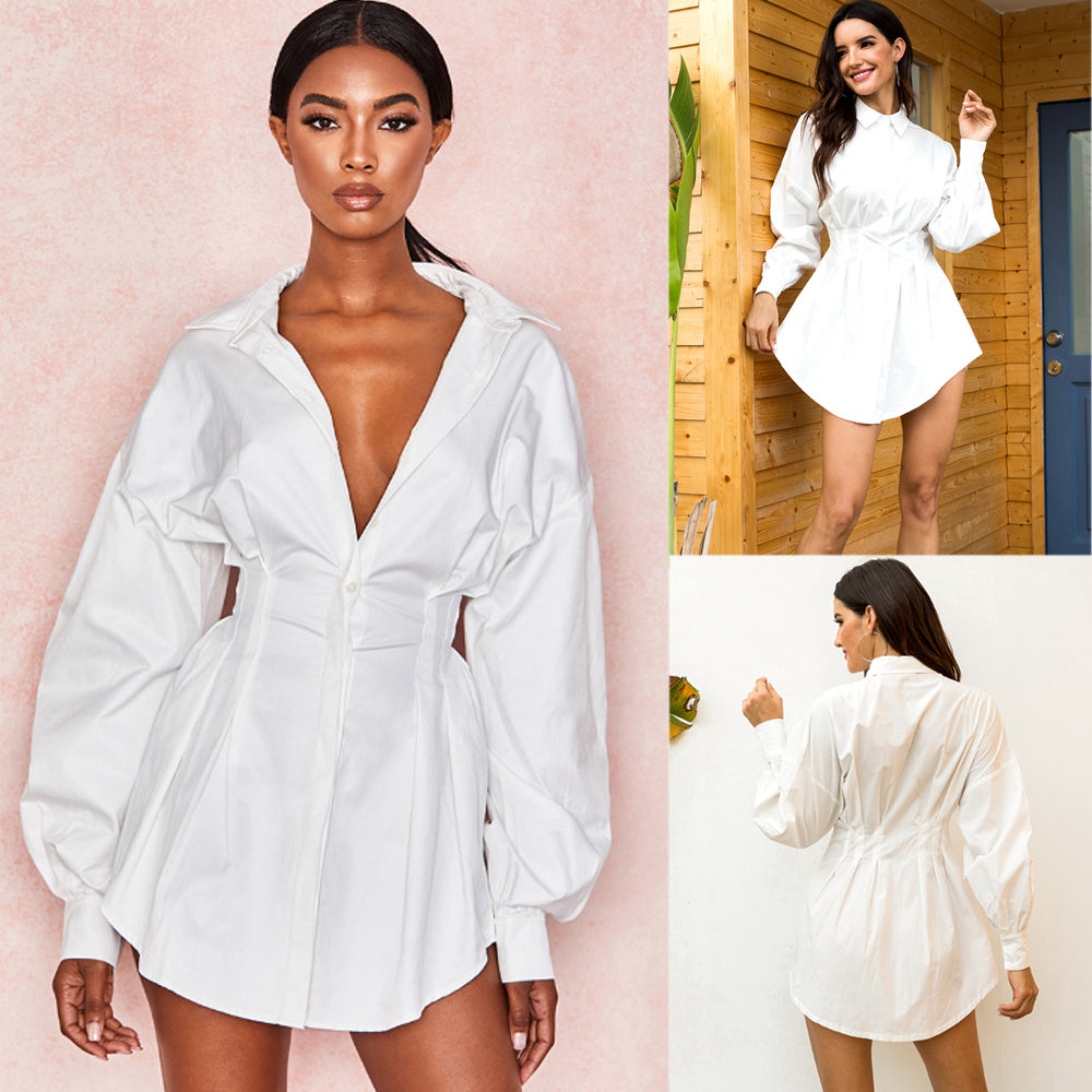 Women Shirts Dress Office Lady Long Sleeve V-Neck High Waist Mini Dress  Solid White Belt Waist Shirt Tunic Dresses 2022 - AliExpress