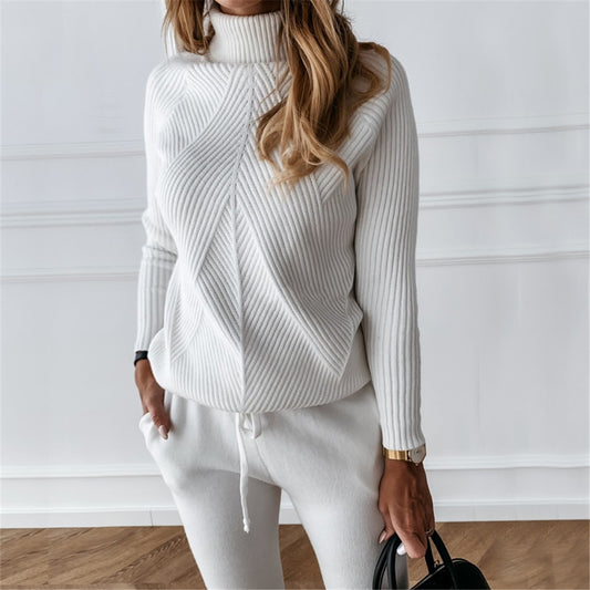Tracksuit Striped Turtleneck Sweater and Trousers Knitted Two Piece Set - Necessary Clothing Store