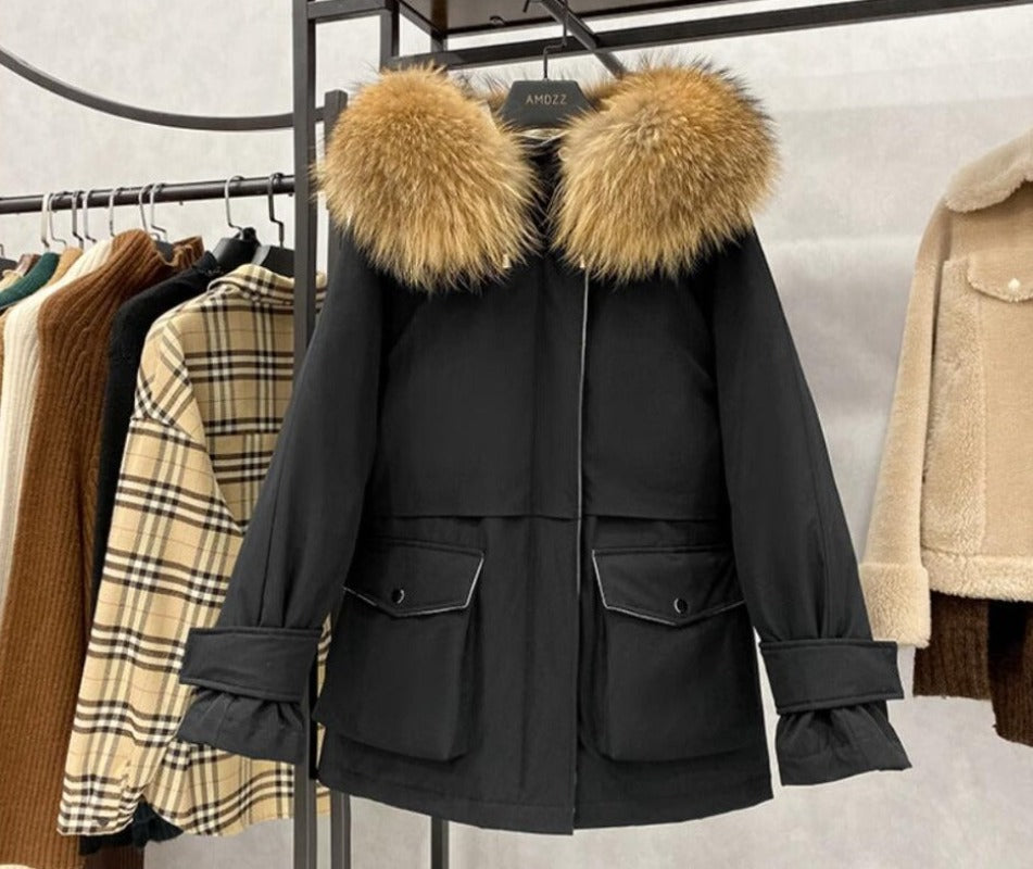 Natural Raccoon Fox Fur Hooded Down Coat Thick Warm Outerwear - Necessary Clothing Store