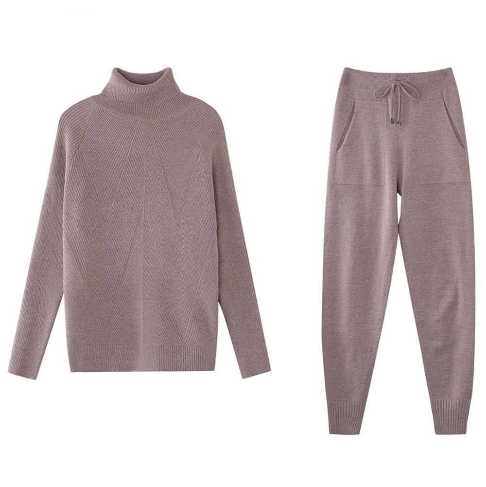 Tracksuit Striped Turtleneck Sweater and Trousers Knitted Two Piece Set - Necessary Clothing Store