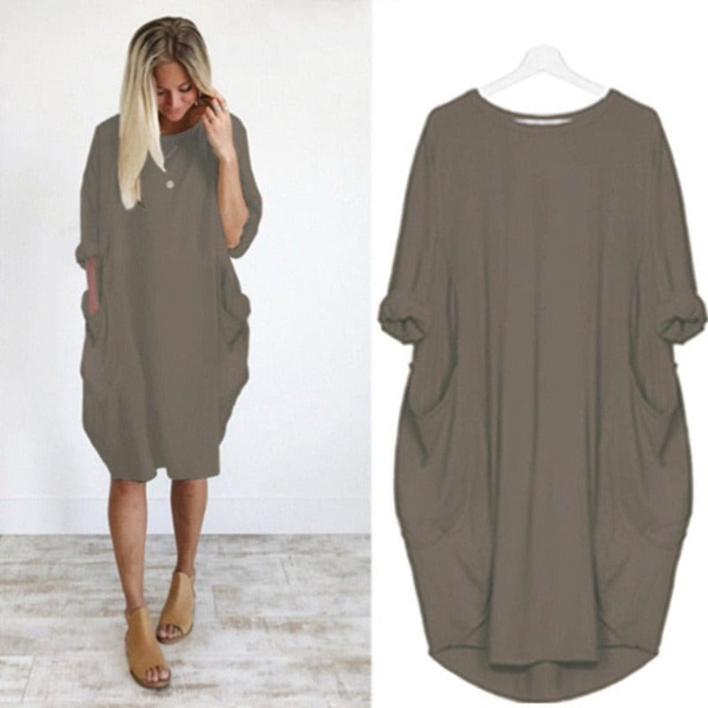 Long Loose O Neck Dress with Pocket- Necessary Clothing Store