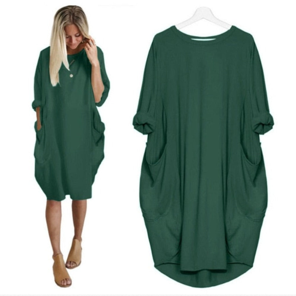 Long Loose O Neck Dress with Pocket- Necessary Clothing Store