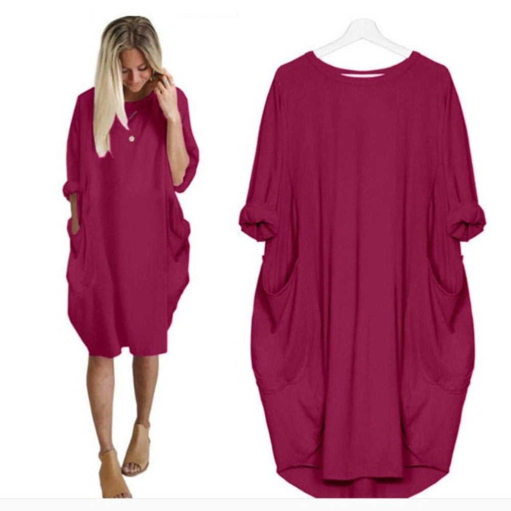 Long Loose O Neck Dress with Pocket- Necessary Clothing Store