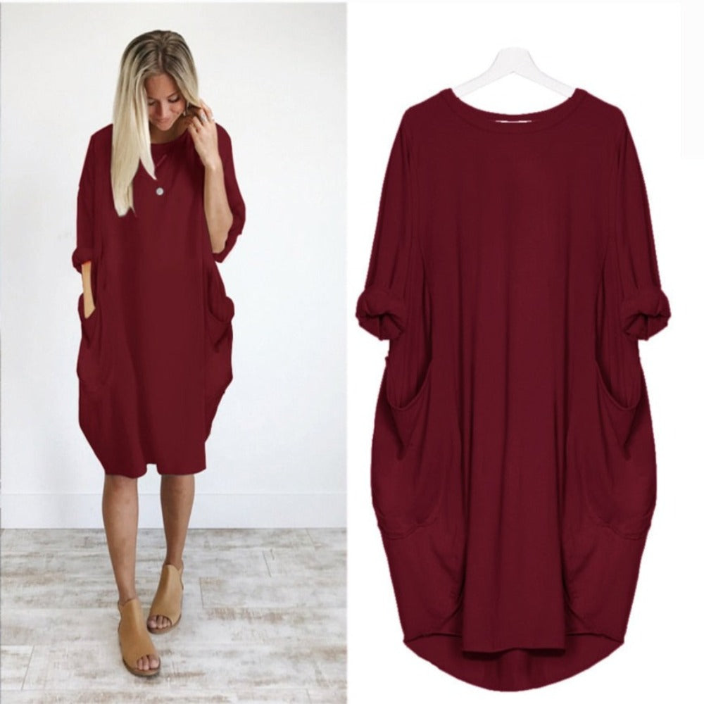 Long Loose O Neck Dress with Pocket- Necessary Clothing Store