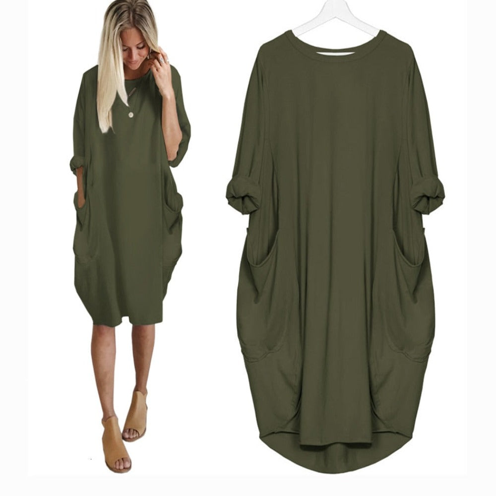 Long Loose O Neck Dress with Pocket- Necessary Clothing Store