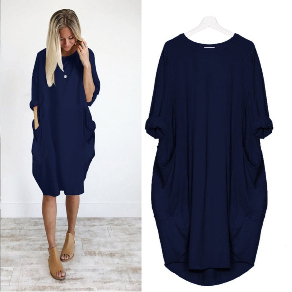 Long Loose O Neck Dress with Pocket- Necessary Clothing Store