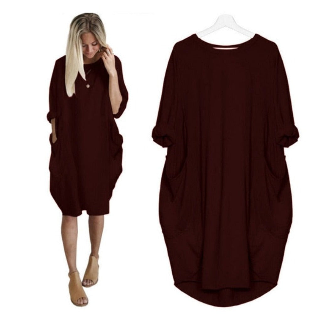 Long Loose O Neck Dress with Pocket- Necessary Clothing Store