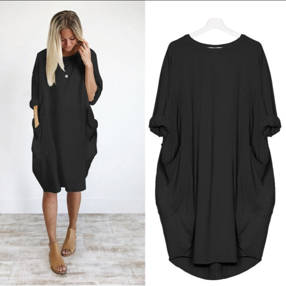 Long Loose O Neck Dress with Pocket- Necessary Clothing Store