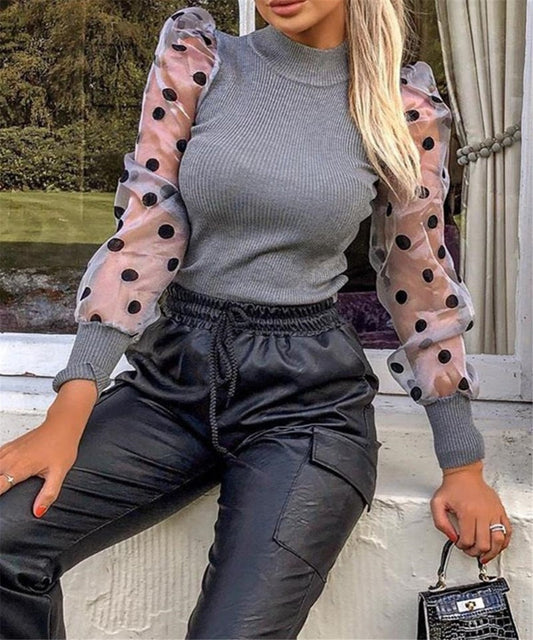 Long Sleeve Ribbed Knitted Loose Polka Dots Elegant Blouse - Necessary Clothing Store