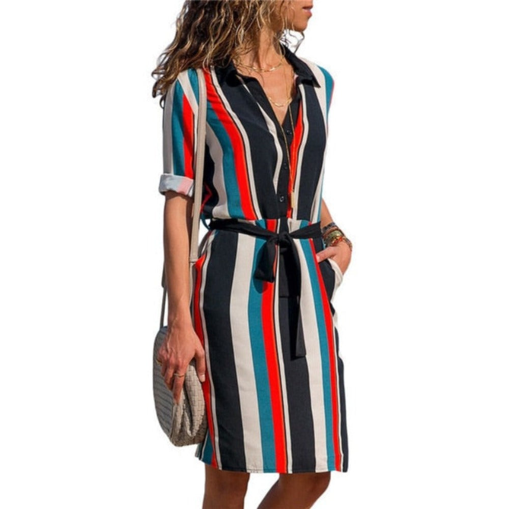 Long Sleeve Shirt Striped Print A-line Mini  Dress - Necessary Clothing Store