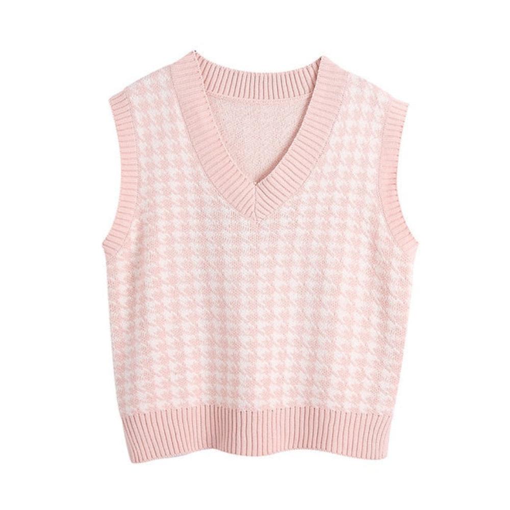 Oversized Hounds-tooth Knitted Sweater Sleeveless - Necessary Clothing Store