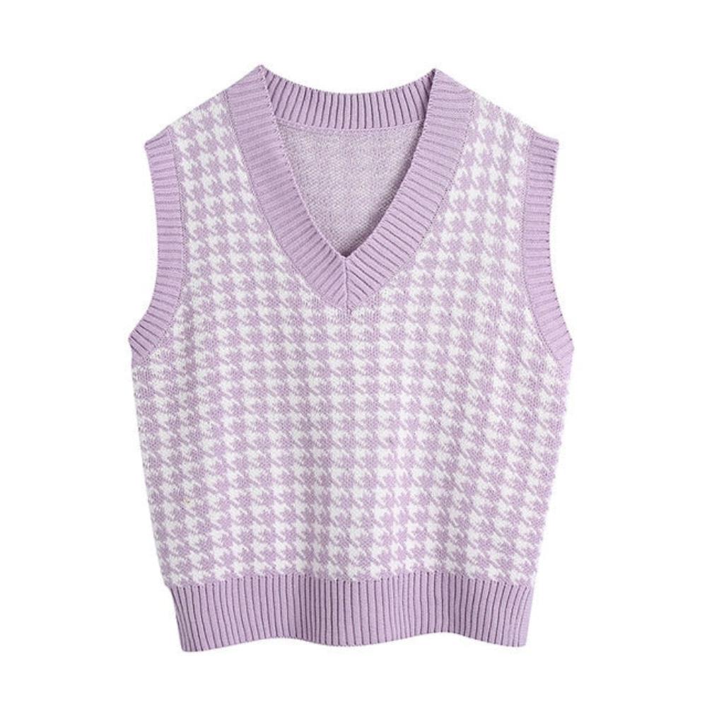 Oversized Hounds-tooth Knitted Sweater Sleeveless - Necessary Clothing Store