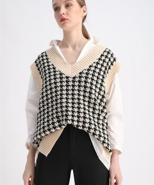 Oversized Hounds-tooth Knitted Sweater Sleeveless - Necessary Clothing Store