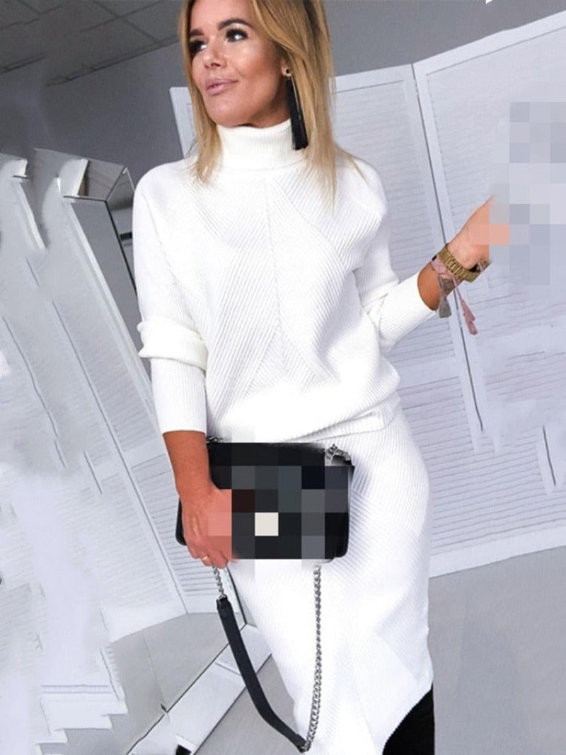 Autumn Women&#39;s Knitting Costume Turtleneck Solid Color Pullover Sweater + Slim Skirt Two-Piece Set - Necessary Clothing Store