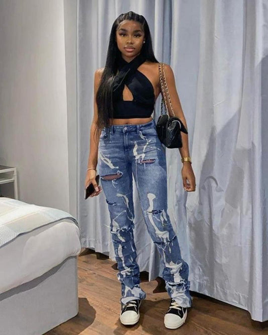Hole Chic Print Ripped Jeans - Necessary Clothing Store