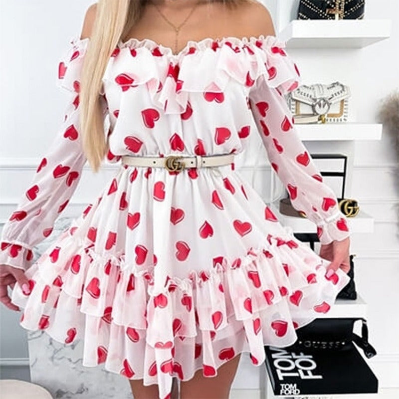 Women Off Shoulder Ruffles Flower Print Long Sleeve Elegant Party Dress Chiffon - Necessary Clothing Store