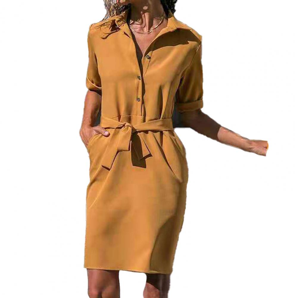 Turn-down Collar Shirt Dress Three Quarter Sleeve - Necessary Clothing Store