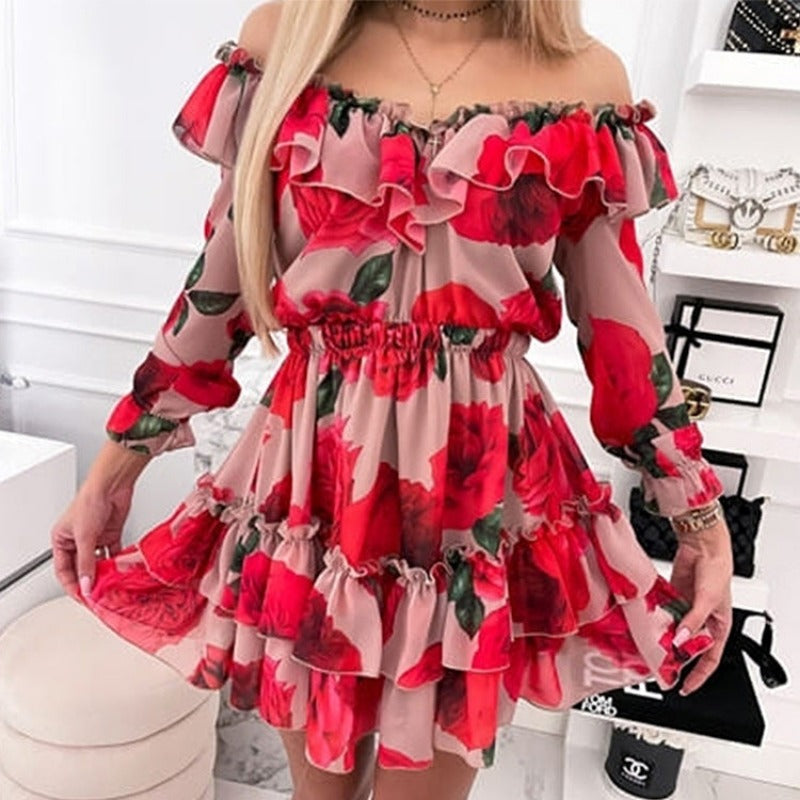 Women Off Shoulder Ruffles Flower Print Long Sleeve Elegant Party Dress Chiffon - Necessary Clothing Store