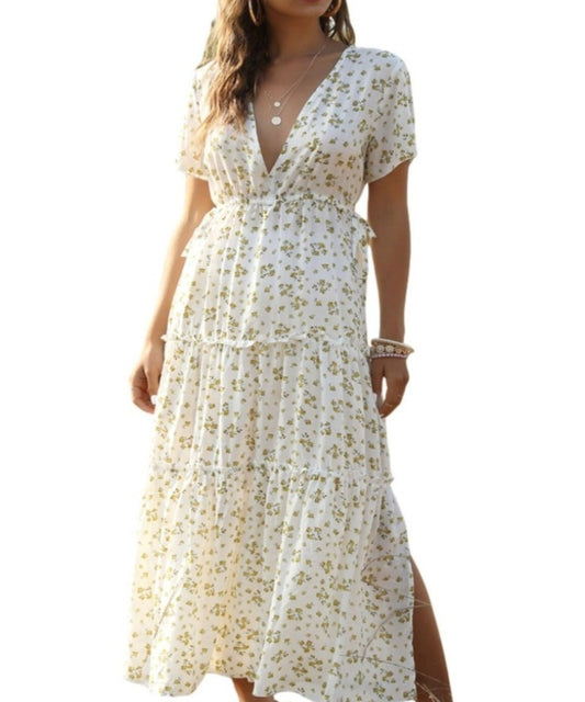 Floral Long Dress Ruffle Short-Sleeve V-neck - Necessary Clothing Store