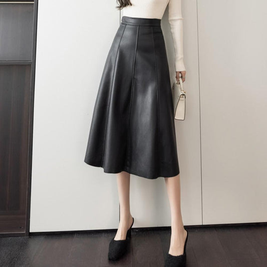 A - line Leather Splicing High Waist Skirt - Necessary Clothing