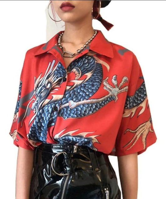 Blouse Dragon Print Short Sleeve - Necessary Clothing