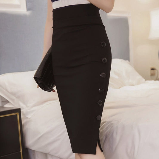 Button Pencil High Waisted Knee Length Skirt - Necessary Clothing