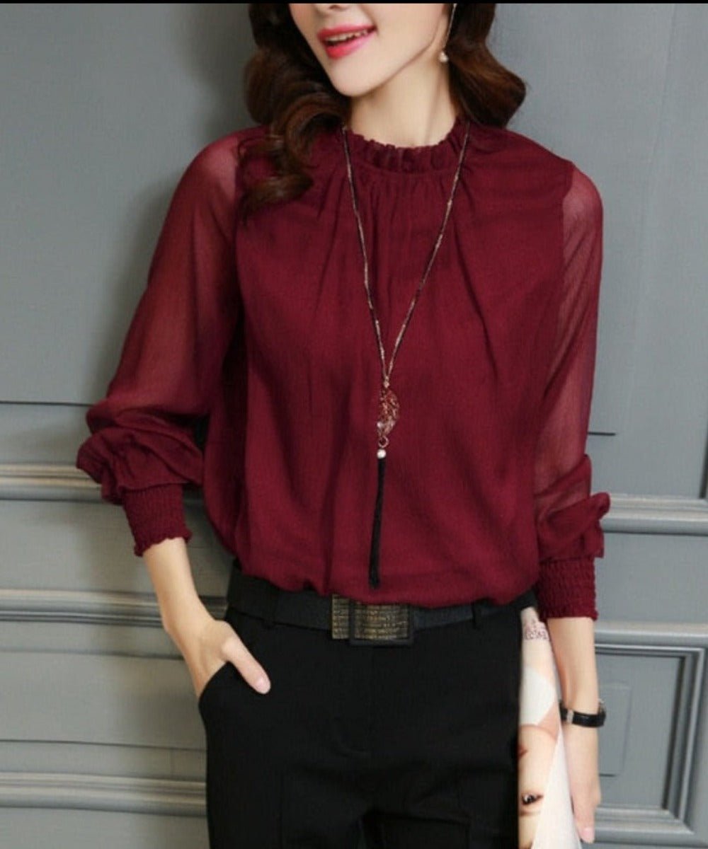 Chiffon Stand Neck Long Sleeve Blouse - Necessary Clothing