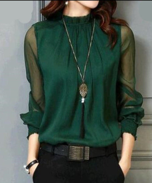 Chiffon Stand Neck Long Sleeve Blouse - Necessary Clothing