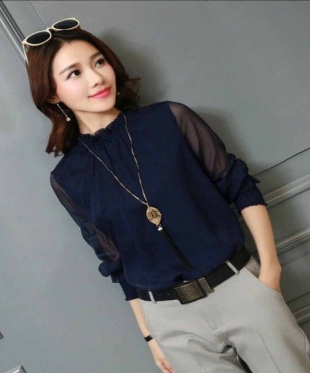 Chiffon Stand Neck Long Sleeve Blouse - Necessary Clothing