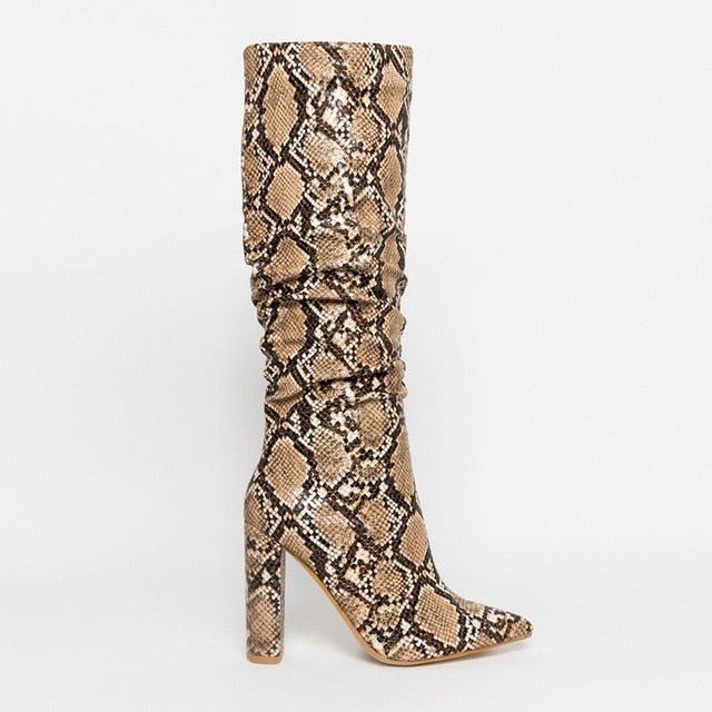 Colorful Snake Skin High Heel Thick Pointed Toe Zip Pleated Boots - Necessary Clothing
