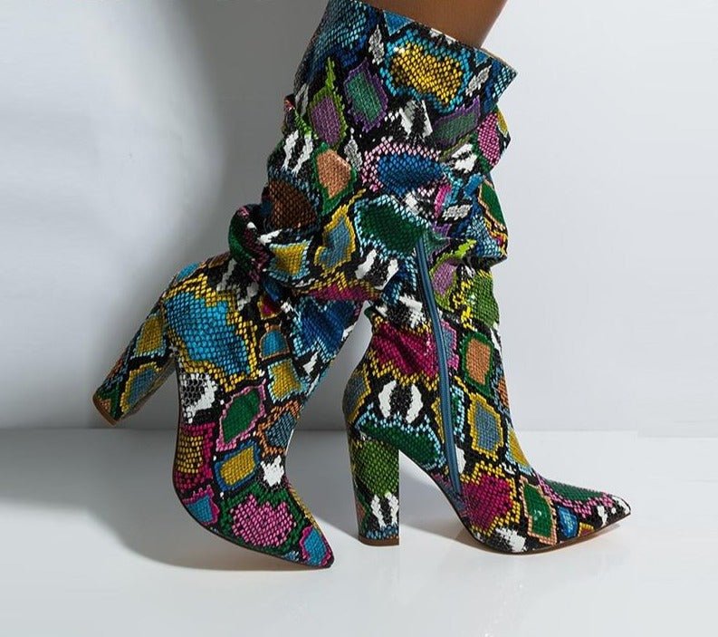 Colorful Snake Skin High Heel Thick Pointed Toe Zip Pleated Boots - Necessary Clothing