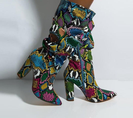 Colorful Snake Skin High Heel Thick Pointed Toe Zip Pleated Boots - Necessary Clothing