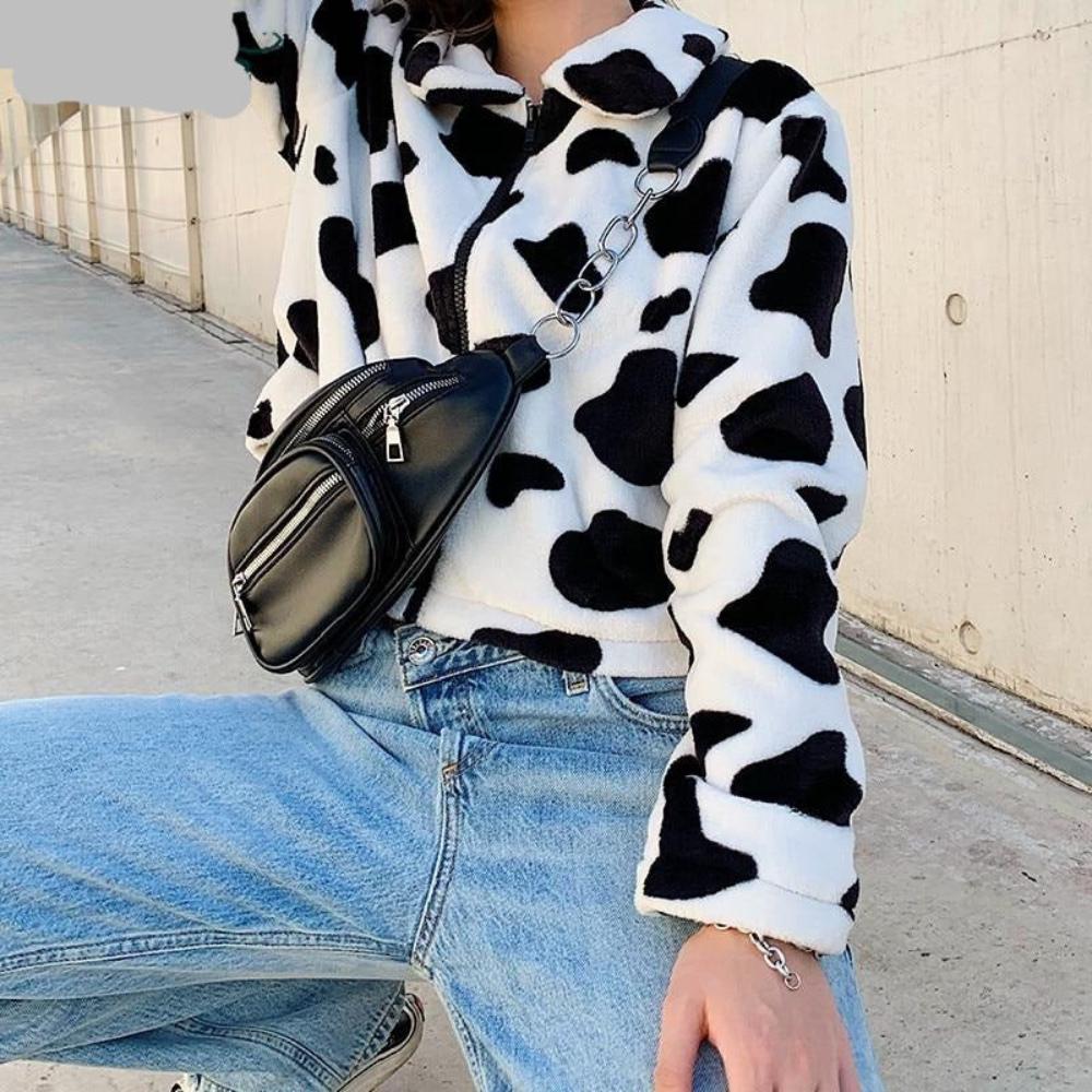 Cow Print Teddy Zipper Warm Coat - Necessary Clothing