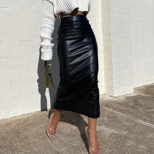 Elegant Office Lady Shining Leather Skirt - Necessary Clothing