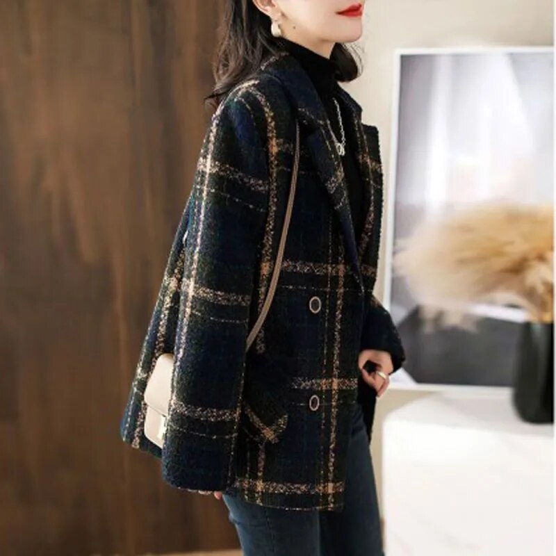 Fashion Plaid Casual Slim Double Breasted Woolen Coat - Necessary Clothing Store