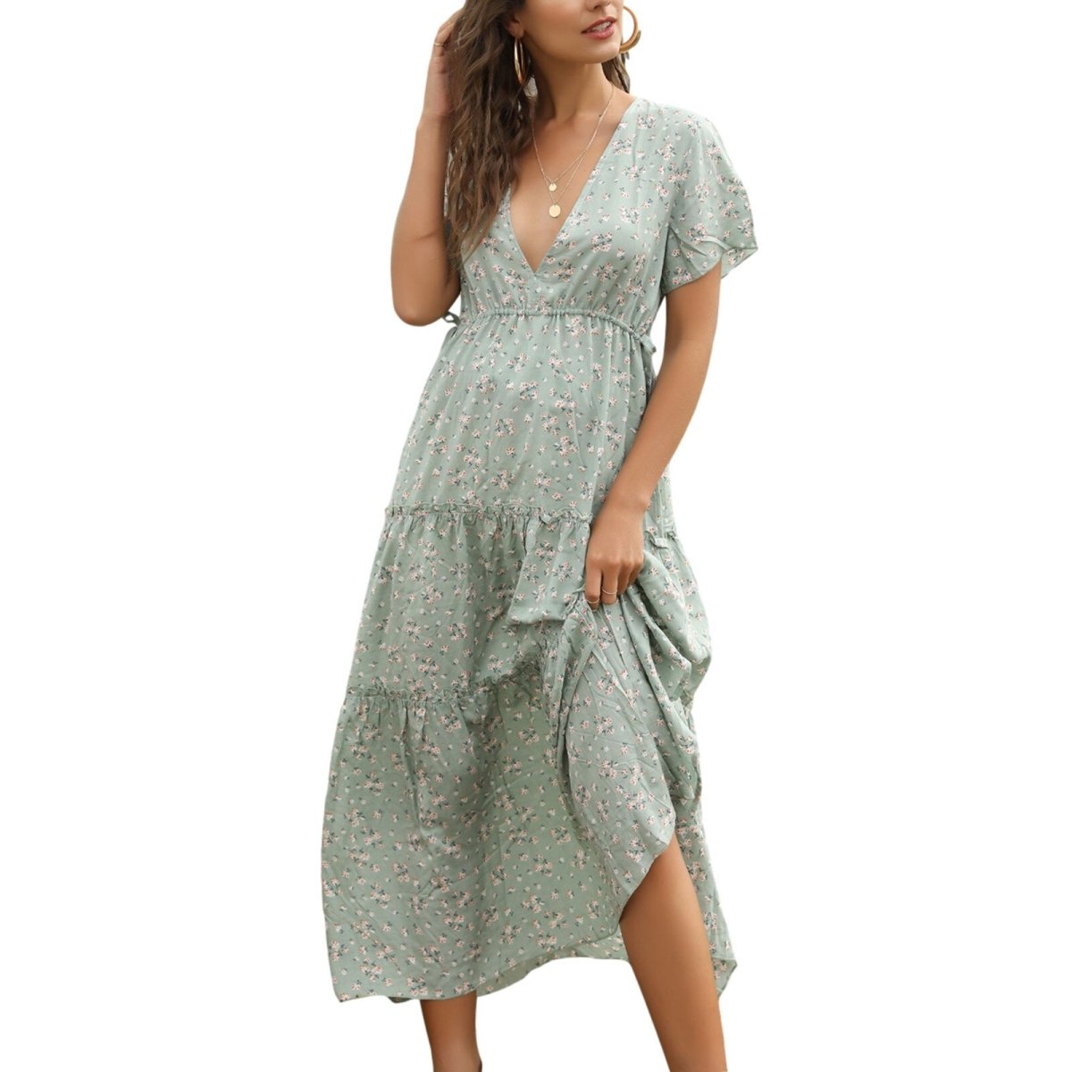 Floral Long Ruffle Short - Sleeve V - neck Dress - Necessary Clothing