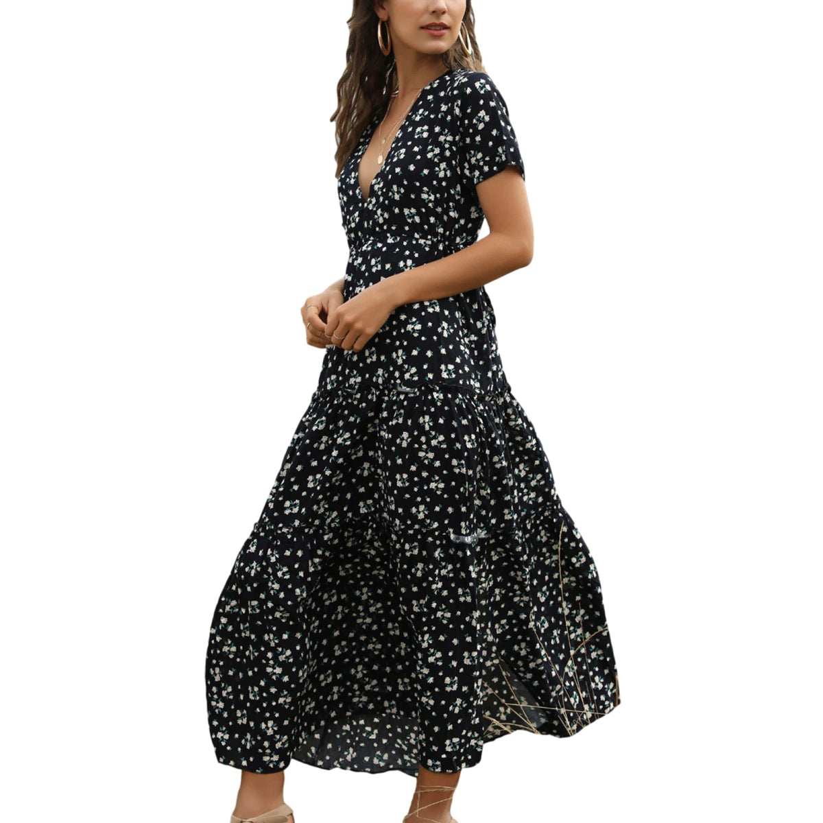 Floral Long Ruffle Short - Sleeve V - neck Dress - Necessary Clothing
