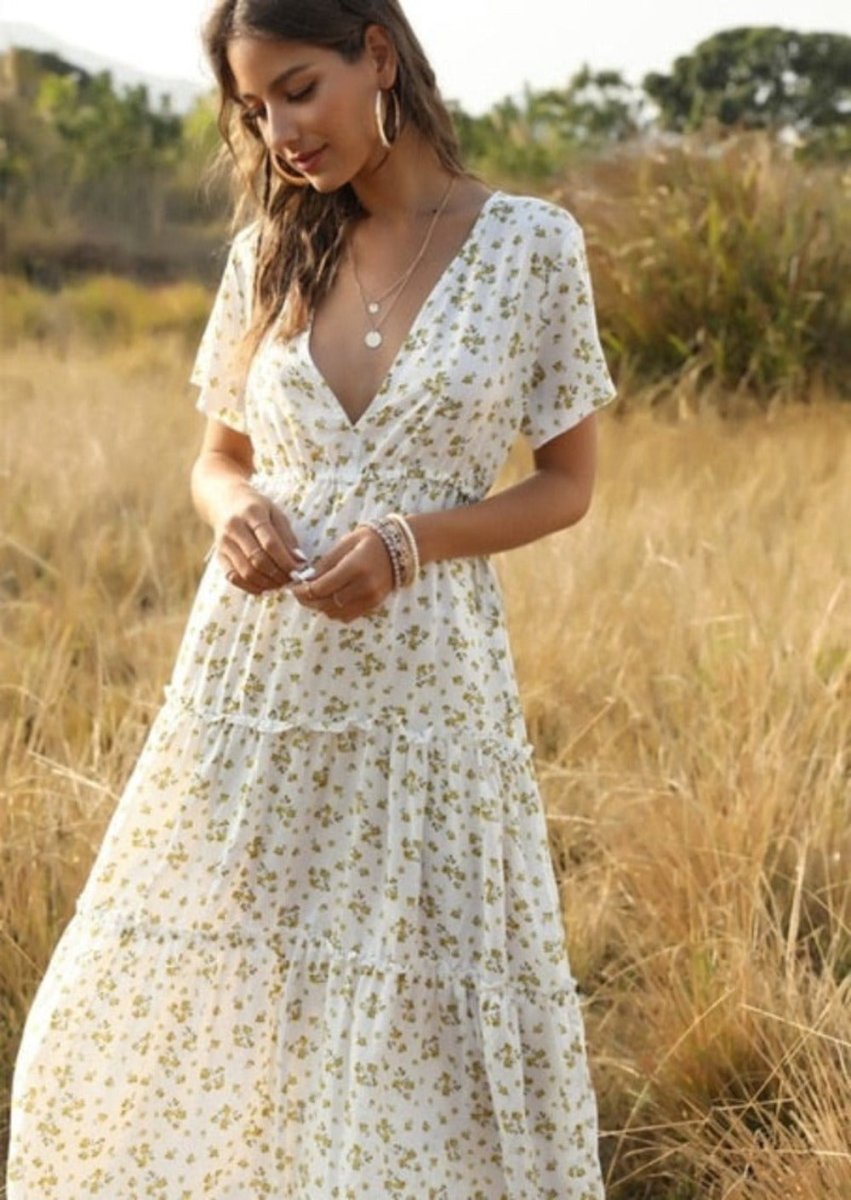 Floral Long Ruffle Short - Sleeve V - neck Dress - Necessary Clothing