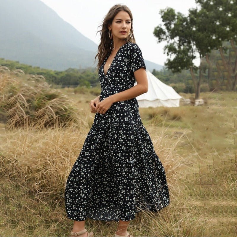 Floral Long Ruffle Short - Sleeve V - neck Dress - Necessary Clothing