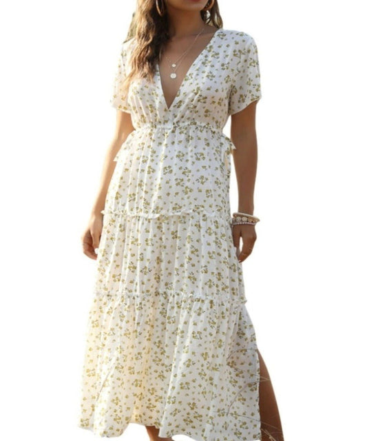 Floral Long Ruffle Short - Sleeve V - neck Dress - Necessary Clothing