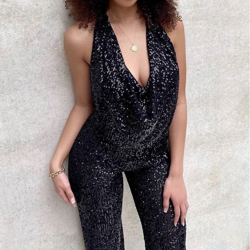 Halter Sleeveless Glitter Sequin Straight Romper Jumpsuits - Necessary Clothing