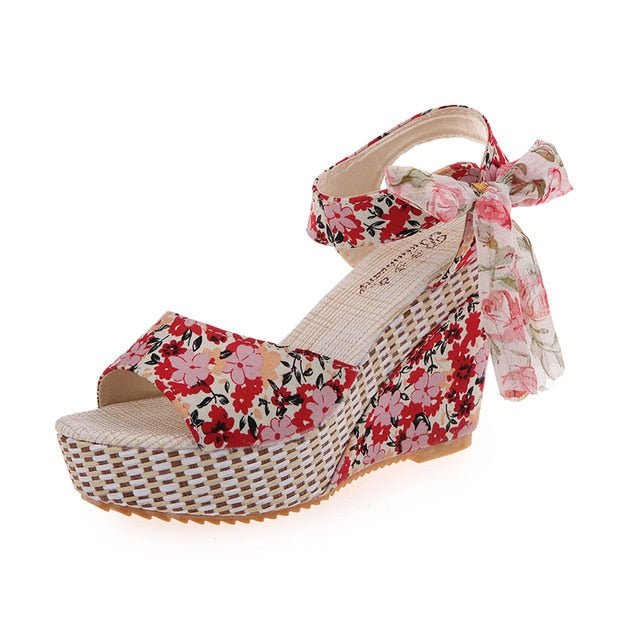 High Heels Ankle Strap Floral Wedge Sandals - Necessary Clothing