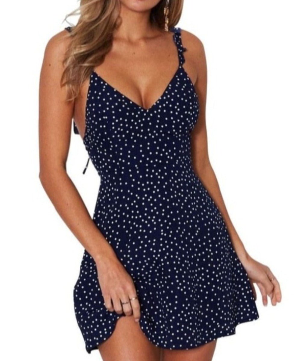 High Waist Dot Printing Lacing Straps Backless Mini Dress - Necessary Clothing